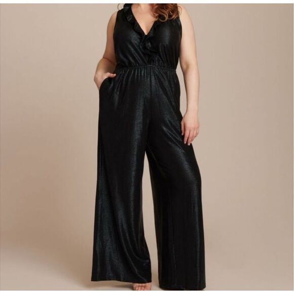 ZAC zac Posen black jumpsuit metallic black wide leg size 10 - Picture 2 of 16